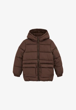 Bruine pufferjack met capuchon, ritsluiting en twee voren zakken. Heeft een gewatteerd ontwerp en elastische manchetten voor extra warmte.