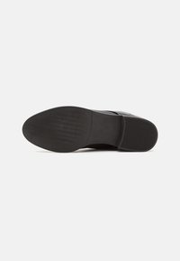 Suela de un zapato de vestir negro con patrones de agarre texturizados en la punta y el tacón sobre un fondo blanco.