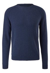 Pull à manches longues bleu marine avec col rond, poignets et ourlet côtelés, tissu en maille unie, coupe régulière.