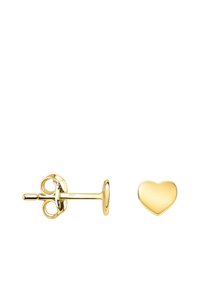 Orecchino a perni a forma di cuore color oro con superficie liscia e chiusura a farfalla. Presenta un design minimalista e dimensioni compatte.
