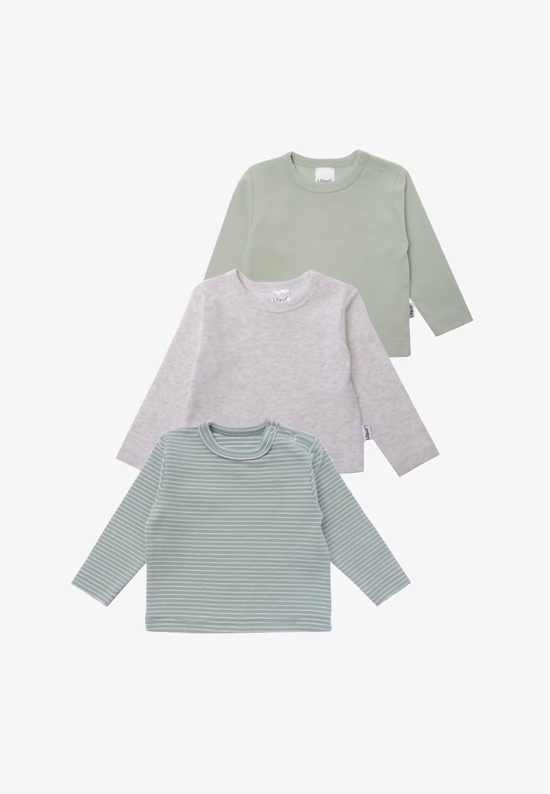 Three long-sleeve shirts: one in light green, one in light gray, and one in green stripes. Soft cotton material with crew necks and snap buttons.