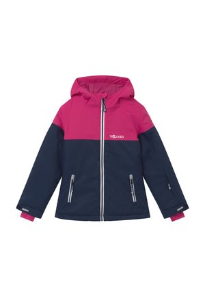 Kinderjacke in einem pinken und marineblauen Color-Block-Design, mit Kapuze, Reißverschluss und zwei Seitentaschen. Langlebiger Stoff.