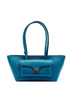 Borsa a tracolla in pelle blu con due spallacci e una tasca frontale chiusa da una fibbia tono oro.