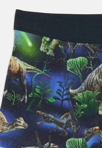 Boksershorts med dinosaur-mønster og en mørk linning. Har livlige grønne og blå farger, detaljerte dinosaurgrafikker og teksturerte sømmer.