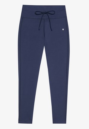 Marineblaue Leggings aus dehnbarem Material mit einem Kordelzugbund, seitlichen Nähten und einem kleinen Logo auf der Vorderseite.