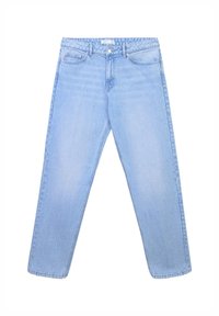 Jean en denim bleu clair avec une coupe droite, présentant des poches avant, une fermeture éclair et un léger dégradé pour un aspect texturé.