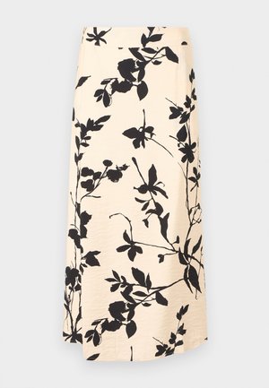 Jupe midi beige avec imprimé floral noir comprenant des feuilles et des branches, coupe droite, texture de tissu lisse.