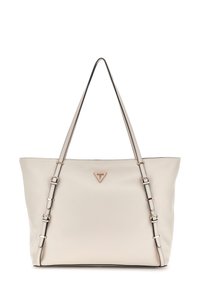 Borsa tote in pelle color crema con cinturini regolabili, una forma strutturata e un accento del logo dorato. Texture liscia con hardware minimo.