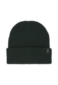 Knit beanie in dark green, featuring a textured finish and a folded cuff. Brand label on the side adds a subtle detail.