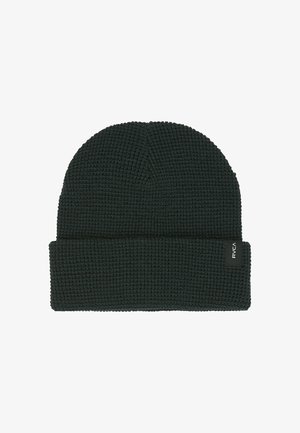 Dunkelgrüne Strickmütze mit strukturiertem Finish und umgeschlagenem Saum. Das Markenlabel an der Seite verleiht ein dezentes Detail.