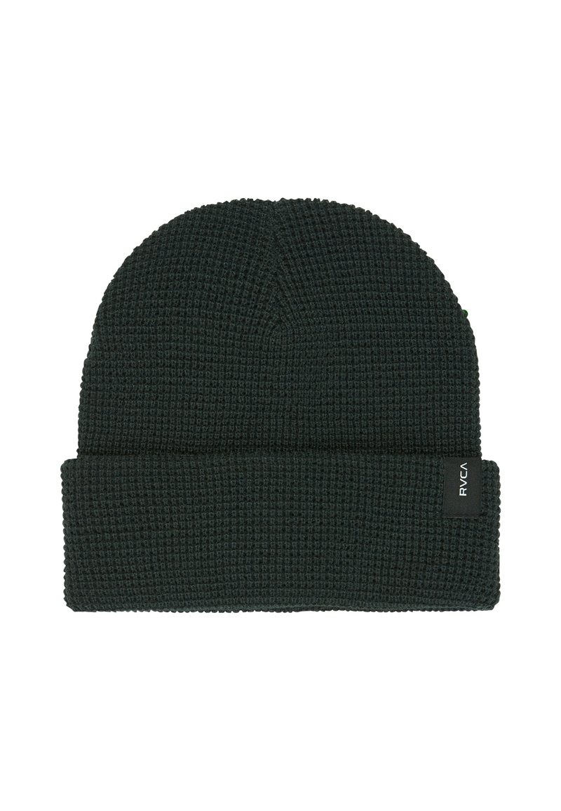 Knit beanie in dark green, featuring a textured finish and a folded cuff. Brand label on the side adds a subtle detail.