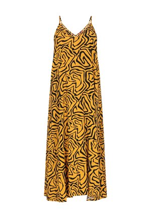 Sima anyagból készült sárga ruha, fekete absztrakt mintázattal, V-nyakkivágással és állítható spagetti pántokkal, áramló sziluettel.