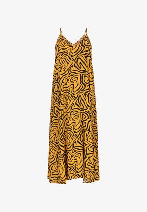 Sima anyagból készült sárga ruha, fekete absztrakt mintázattal, V-nyakkivágással és állítható spagetti pántokkal, áramló sziluettel.