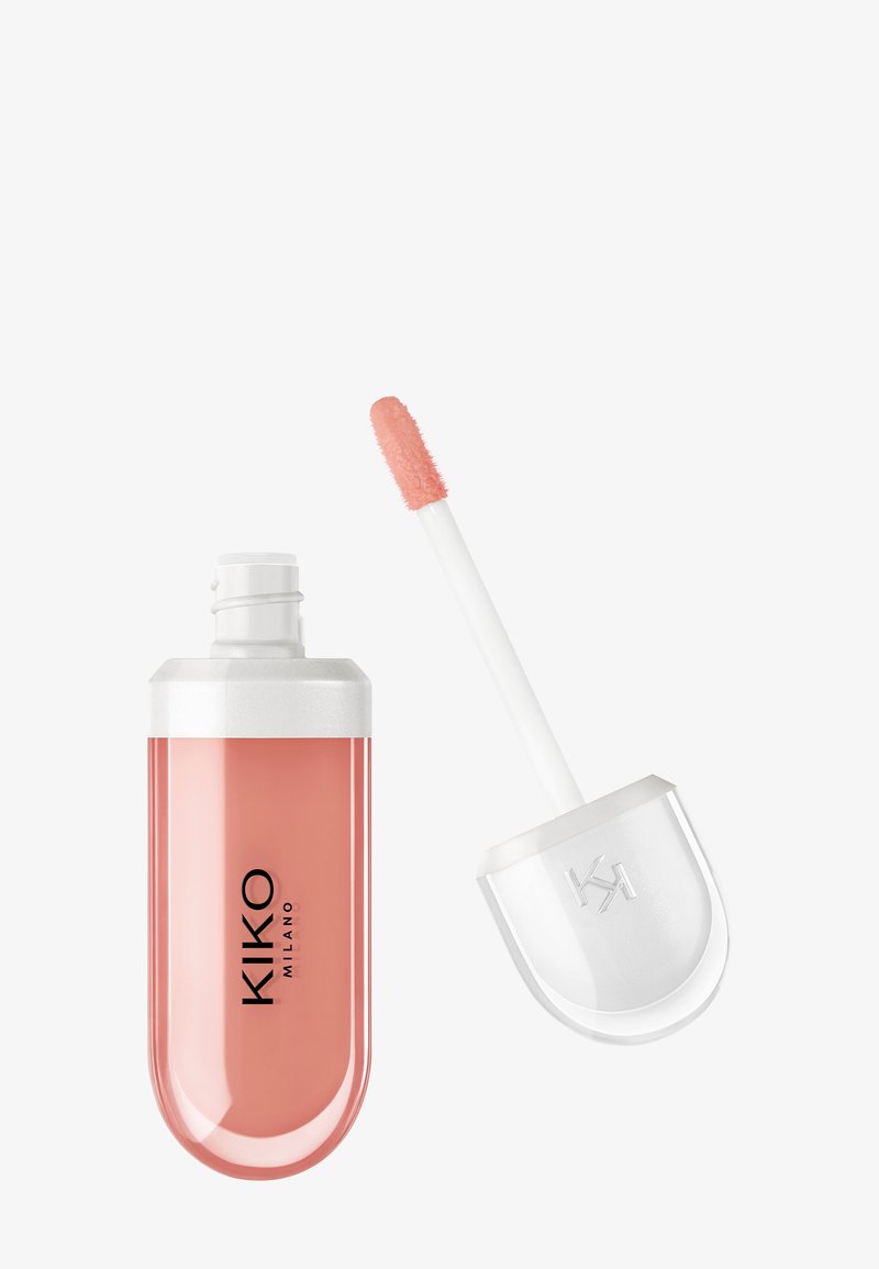 Gloss labbra KIKO Milano con tonalità rosa, tappo bianco rimosso che rivela l’applicatore ricoperto di prodotto.