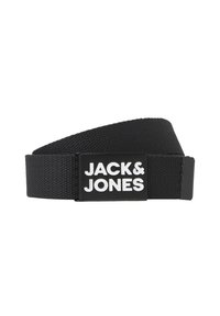 Black fabric belt featuring a rectangular black buckle with the white text "JACK & JONES." The belt has a woven texture and a simple design.