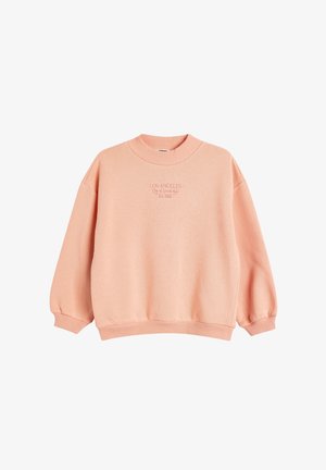 Felpa rosa con scollatura rotonda e maniche lunghe, leggermente a sbuffo. Presenta la scritta "LOS ANGELES" ricamata sul davanti. Texture in tessuto morbido.