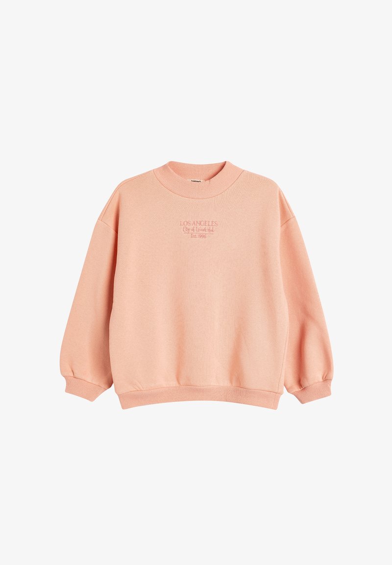 Felpa rosa con scollatura rotonda e maniche lunghe, leggermente a sbuffo. Presenta la scritta "LOS ANGELES" ricamata sul davanti. Texture in tessuto morbido.
