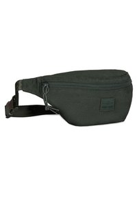 Marsupio nero in tessuto con design curvo, chiusura con zip, tracolla regolabile e una piccola etichetta con logo sulla parte anteriore.