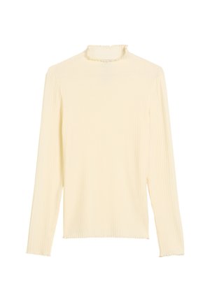 Maglietta a maniche lunghe a coste di un giallo chiaro con un colletto alto e arricciato. Presenta un orlo dritto e polsini arricciati per aggiungere texture e dettagli.