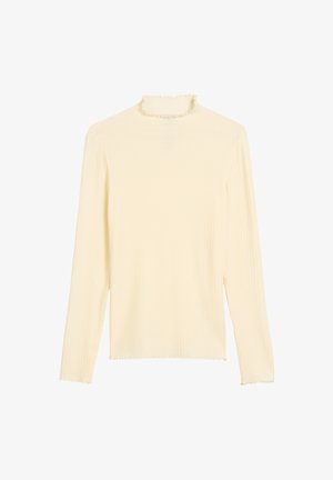Maglietta a maniche lunghe a coste di un giallo chiaro con un colletto alto e arricciato. Presenta un orlo dritto e polsini arricciati per aggiungere texture e dettagli.