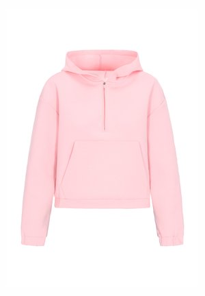 Pink cropped hooded sweatshirt with a half zipper, front pocket, and ribbed cuffs. Made from soft fabric, featuring a smooth texture.