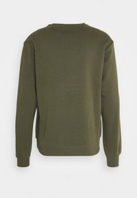 Felpa verde oliva con scollo rotondo, maniche lunghe e polsini a coste. Texture liscia, taglio dritto e design classico.