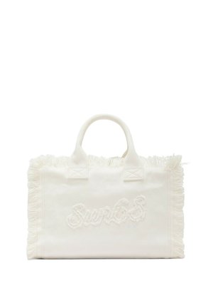 Borsa tote in tessuto bianco rettangolare con bordi sfrangiati e logo "Sun68" testurizzato sul davanti, dotata di due manici corti.
