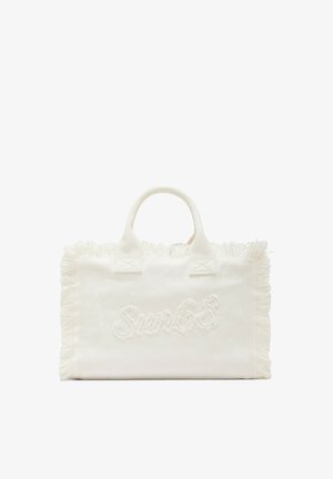 Borsa tote in tessuto bianco rettangolare con bordi sfrangiati e logo "Sun68" testurizzato sul davanti, dotata di due manici corti.