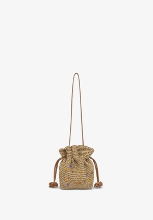 Small beige woven drawstring bag with long thin strap and colorful bead embellishments on the front.