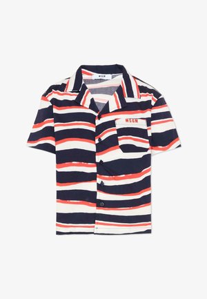Chemise à manches courtes avec boutons, ornée de rayures horizontales bleu marine, blanches et rouges, et une poche poitrine brodée de "MSGM" en rouge.