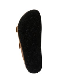 Chaussure brown avec une semelle en caoutchouc noir texturé, présentant un dessus en cuir tan lisse et deux straps ajustables sur les côtés.