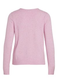Maglione lavorato a maglia rosa chiaro con scollatura rotonda, maniche lunghe e orlo a costine. Texture morbida, senza motivi o accessori visibili. Vista posteriore mostrata.