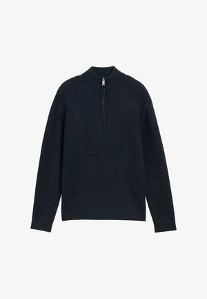 Donkerblauwe gebreide pullovertrui, met een hoge kraag en een kwart rits. Zachte textuur met een gestructureerde pasvorm en lange mouwen.