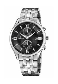 Armbanduhr aus silbernem Edelstahl mit schwarzem strukturiertem Zifferblatt, römischen Ziffern, Chronographen-Subdials und einem Datumsfenster um drei Uhr.