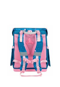 Backpack featuring a blue and pink design, mesh texture, adjustable straps, and star patterns. Includes buckles and side pockets.