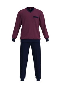 Conjunto de pijama de dos piezas para hombre con parte superior de manga larga en color burdeos con estampado y pantalones oscuros sólidos en azul marino, puños acanalados y cuello en V.