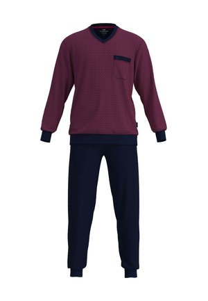 Männer Zweiteiler Schlafanzug mit langärmlich, bordeauxrot gemustertem Oberteil und einfarbigen dunkelblauen Hosen, gerippte Bündchen und V-Ausschnitt.