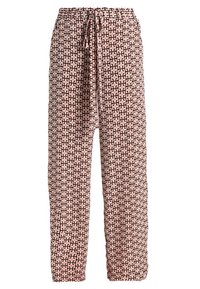 Lekka, wzorzysta spodnie w kolorze różowym z czarnym geometrycznym wzorem. Posiada elastyczny pas z sznurkiem do regulacji dopasowania.
