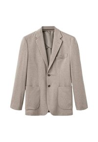 Blazer marrone chiaro con rever a punta, due tasche anteriori a toppa e due bottoni. Realizzato in tessuto testurizzato, presenta un design pulito e raffinato.