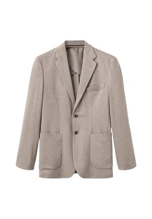 Svetlo rjav blazer z notch rejami, dvema sprednjima žepoma in dvema gumboma. Izdelan iz teksturirane tkanine, z urejenim dizajnom.