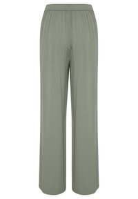 Pantalons large en vert olive clair avec une taille élastique, fabriqués en tissu lisse et léger ; conception sans coutures, sans fermetures visibles.
