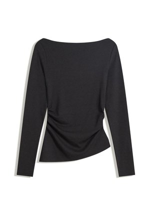 Black long-sleeve fitted top with a boat neckline and slight ruching on one side at the waist, laid flat on a white background.