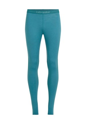 Teal legging gemaakt van een zachte, rekbare stof. Heeft een aansluitende pasvorm en een tailleband met het "icebreaker"-logo in een contrasterende kleur.