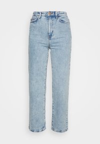 Helle blaue, hoch taillierte Jeans mit geraden Beinen, aus Denim gefertigt. Mit klassischem Fünf-Taschen-Design und fransigem Saum am Knöchel.