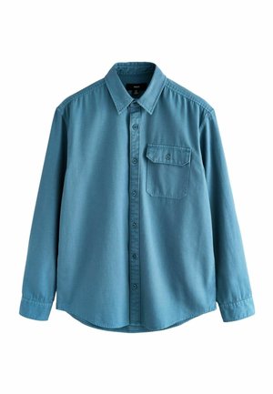 Blaues Langarm-Hemd mit Knopfleiste aus weichem Stoff. Verfügt über einen Kragen, eine Brusttasche und einen abgerundeten Saum mit einer glatten Textur.