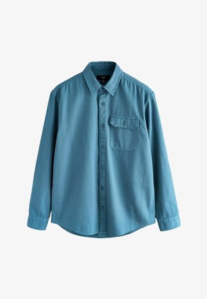 Blaues Langarm-Hemd mit Knopfleiste aus weichem Stoff. Verfügt über einen Kragen, eine Brusttasche und einen abgerundeten Saum mit einer glatten Textur.
