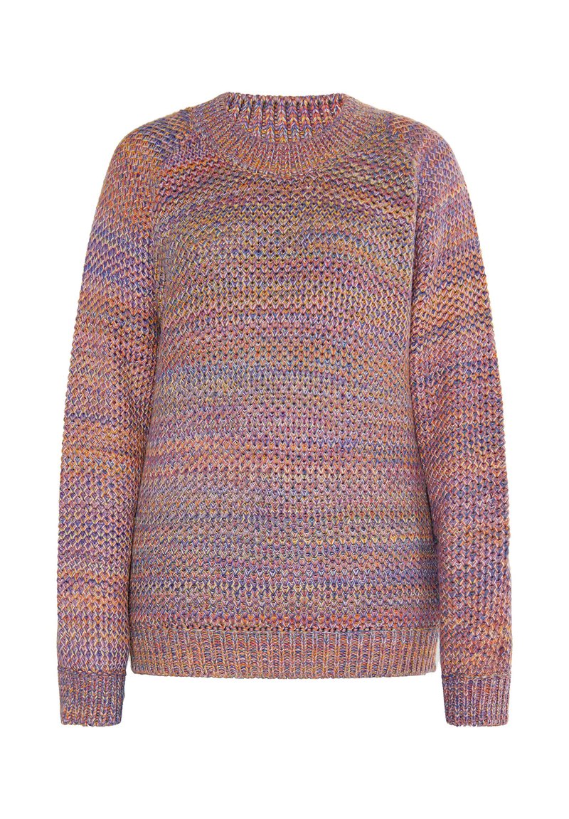 Mehrfarbiger gestrickter Pullover mit langen Ärmeln, gerippten Bündchen und Saum sowie einem runden Ausschnitt, der ein strukturiertes Stichmuster aufweist.