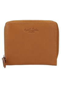 Brown leather wallet with a textured finish, zip closure, and embossed logo on the front. Compact rectangular shape with a minimalist design.