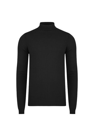 Czarny sweter typu golf wykonanego z materiału dzianinowego w prążki. Ma długie rękawy oraz dopasowany krój z akcentami w postaci prążkowanych ściągaczy przy mankietach i na dole.