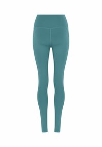 Tealfarbene, hoch taillierte Leggings in voller Länge mit Nahtdetails, entworfen für Sportbekleidung oder den Freizeitgebrauch, auf weißem Hintergrund dargestellt.